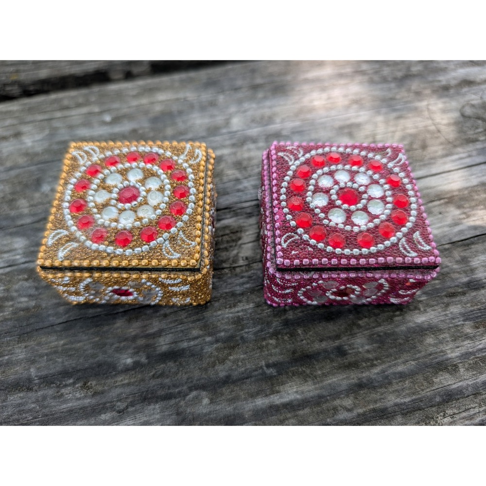 Pier 1 Beaded Trinket Boxes Set of 2 Gold Pink Rhinestone Boho Jewelry Keepsake